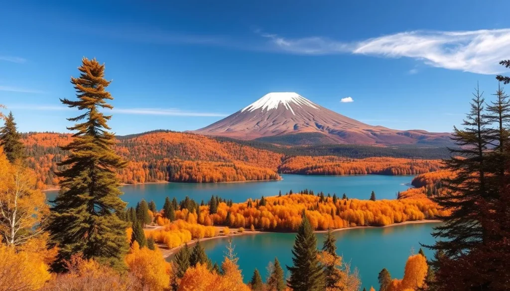 Autumn colors in Vicente Pérez Rosales National Park with golden and red foliage surrounding Lake Todos los Santos Autumn colors in Vicente Pérez Rosales National Park with golden and red foliage surrounding Lake Todos los Santos