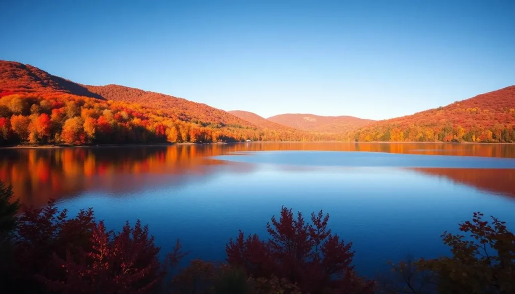 Autumn colors surrounding Otsego Lake with vibrant fall foliage reflecting in the water Autumn colors surrounding Otsego Lake with vibrant fall foliage reflecting in the water