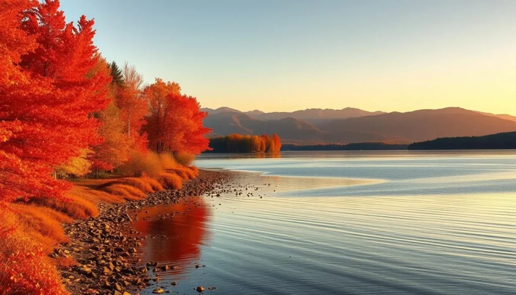 Autumn foliage along Lake Champlain shoreline in Clinton County, New York with colorful trees reflecting in the water Autumn foliage along Lake Champlain shoreline in Clinton County, New York with colorful trees reflecting in the water