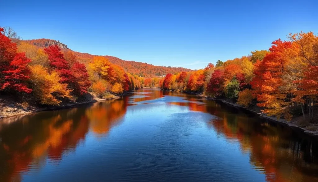 Autumn foliage along the Susquehanna River in Broome County, New York with vibrant red and orange trees Autumn foliage along the Susquehanna River in Broome County, New York with vibrant red and orange trees
