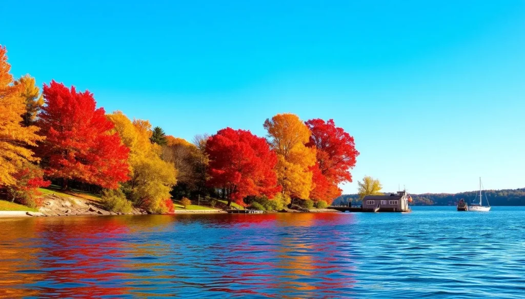 Autumn foliage around Lake Minnetonka with vibrant red and orange trees reflecting in the water Autumn foliage around Lake Minnetonka with vibrant red and orange trees reflecting in the water