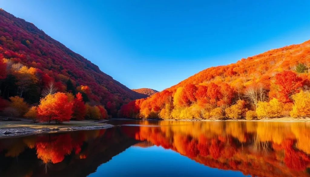 Autumn foliage in Greene County, New York with vibrant red and orange trees surrounding a mountain lake Autumn foliage in Greene County, New York with vibrant red and orange trees surrounding a mountain lake