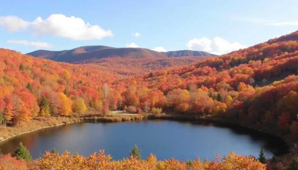 Autumn foliage in Herkimer County with vibrant red and orange trees surrounding a small lake Autumn foliage in Herkimer County with vibrant red and orange trees surrounding a small lake