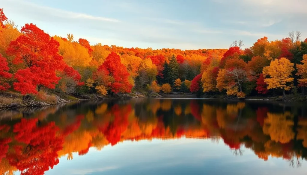Autumn foliage in Wayne County, New York with vibrant red and orange trees along a lake shore Autumn foliage in Wayne County, New York with vibrant red and orange trees along a lake shore