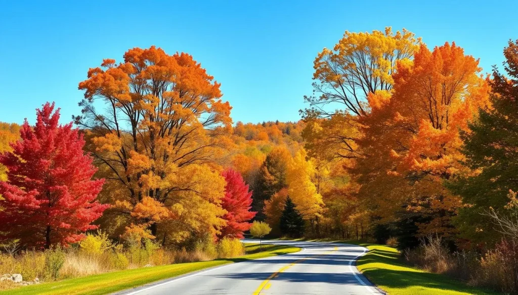 Autumn landscape in Genesee County New York showing vibrant fall foliage with red and orange trees lining a country road Autumn landscape in Genesee County New York showing vibrant fall foliage with red and orange trees lining a country road