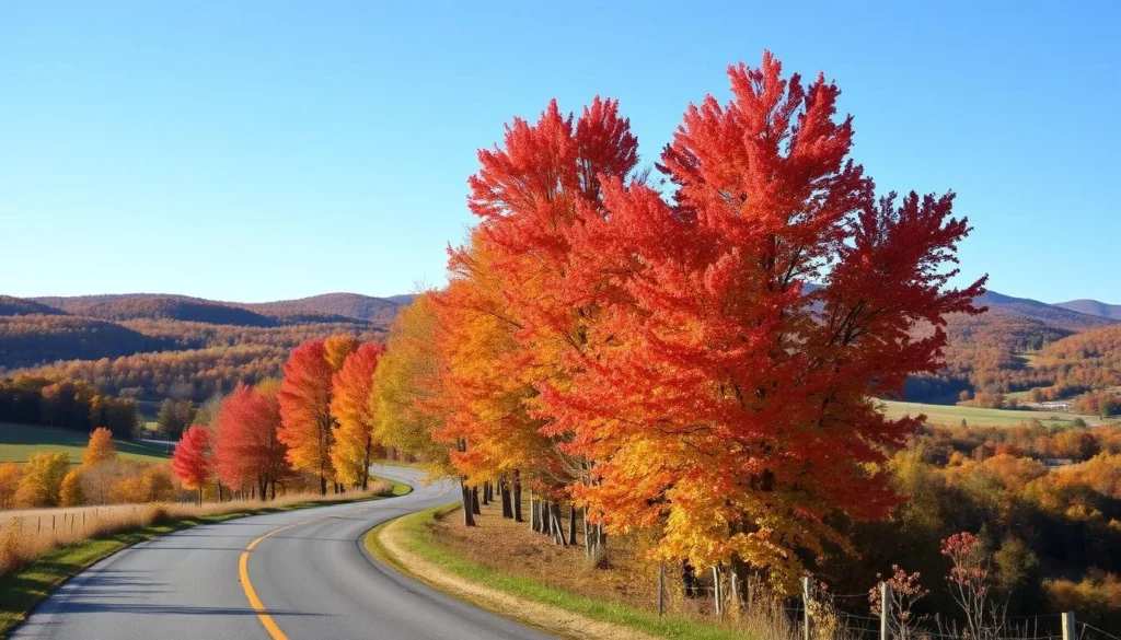 Autumn landscape in Madison County, New York showing vibrant fall foliage with red and orange trees lining a country road