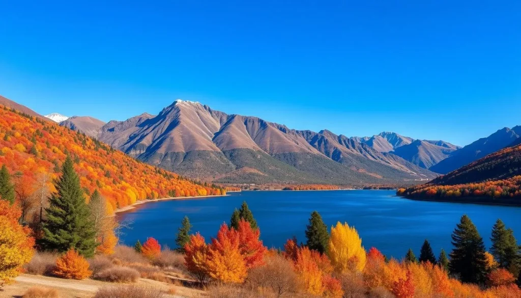 Autumn landscape in Neuquen showing colorful foliage around Lake Lacar