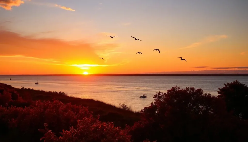 Autumn sunset over Currituck Sound at Knotts Island, North Carolina with colorful foliage and migrating birds Autumn sunset over Currituck Sound at Knotts Island, North Carolina with colorful foliage and migrating birds