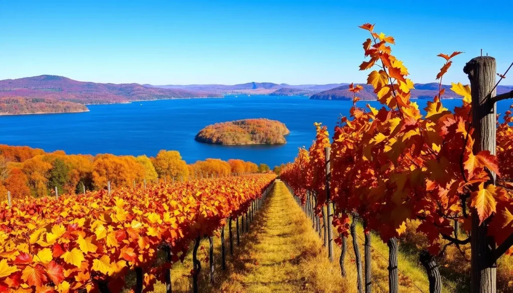 Autumn vineyards in Seneca County with colorful fall foliage along Seneca Lake Autumn vineyards in Seneca County with colorful fall foliage along Seneca Lake