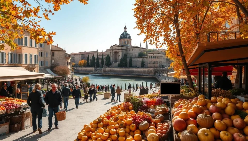 Autumnal Avignon: A Picturesque Harvest Landscape A sun-dappled city square in Avignon, France, surrounded by vibrant fall foliage. In the foreground, a bustling market stall overflows with seasonal produce - ripe grapes, juicy apples, and earthy gourds. Locals and tourists mingle, baskets in hand, admiring the warm hues of the historic buildings that line the square. In the middle ground, the iconic Palais des Papes stands majestically, its limestone facade softened by the golden glow of the afternoon light. Beyond, the winding Rhône river reflects the vivid autumnal palette, with the silhouettes of cypress trees lining its banks. An enchanting scene that captures the essence of fall in this charming Provençal town.