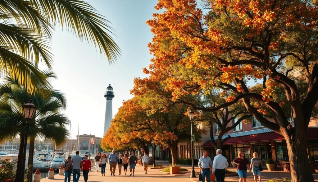 Autumnal scene of Pensacola, Florida in September. Lush green palm trees sway in the gentle breeze, their fronds casting dappled shadows on the sun-kissed sidewalks. Golden sunlight filters through clusters of vibrant orange, red, and yellow leaves on the live oak trees lining the historic streets. Groups of locals and tourists stroll along the charming waterfront, stopping to admire the colorful boats docked at the marina. In the distance, the iconic Pensacola Lighthouse stands tall, its white masonry gleaming. The air is crisp and cool, with a hint of saltiness from the nearby Gulf of Mexico. An inviting, autumnal atmosphere perfect for exploring Pensacola's natural and cultural attractions.