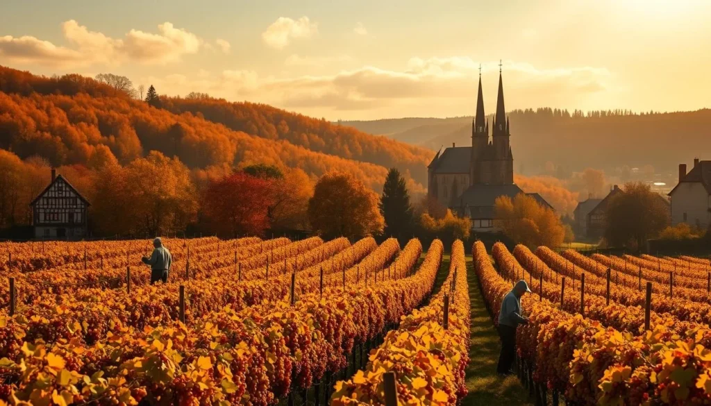 Autumnal splendor in the Alsatian vineyards, with rows of grapevines basking in the golden afternoon light. Vibrant hues of amber, crimson, and ochre adorn the rolling hills, creating a picturesque landscape. In the foreground, workers carefully harvest the ripe clusters of grapes, their movements graceful and rhythmic. Tall church steeples and half-timbered houses dot the horizon, adding to the charming rural atmosphere. Soft, diffused sunlight filters through wispy clouds, casting a warm, nostalgic glow over the scene. The overall effect is one of tranquility and abundance, capturing the essence of the harvest season in this idyllic corner of France.