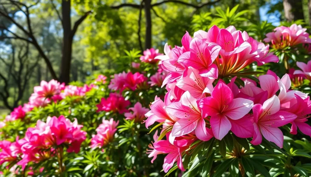 Azalea flowers blooming in Ravine Gardens State Park during spring in Putnam County Azalea flowers blooming in Ravine Gardens State Park during spring in Putnam County