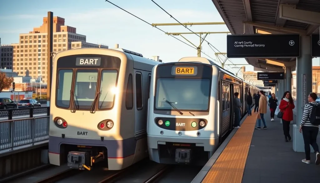 BART train arriving at a station in Alameda County with passengers waiting BART train arriving at a station in Alameda County with passengers waiting