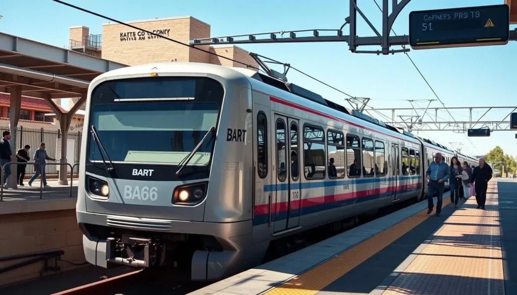 BART train arriving at a station in Contra Costa County with passengers waiting on the platform BART train arriving at a station in Contra Costa County with passengers waiting on the platform