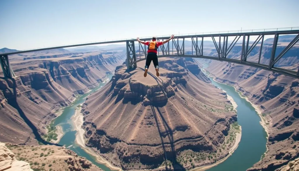 BASE jumper leaping from Perrine Bridge over Snake River Canyon in Twin Falls Idaho