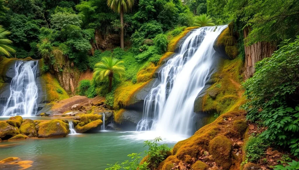Ba Ho Waterfall near Nha Trang, Vietnam, surrounded by lush greenery