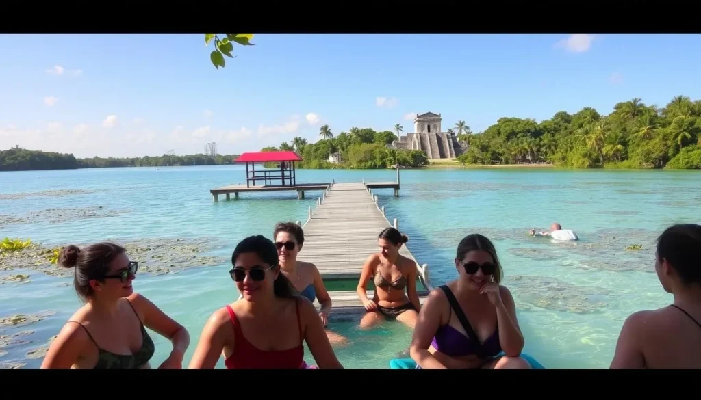 Bacalar safety tips: A tranquil lagoon scene with lush vegetation and clear turquoise waters. In the foreground, a group of travelers enjoying the serene environment, taking precautions like wearing sun protection and staying hydrated. In the middle ground, a wooden dock extending into the water, with a lifeguard station nearby. The background showcases the picturesque Mayan ruins, bathed in warm, golden sunlight. The overall atmosphere conveys a sense of relaxation and safety, encouraging visitors to explore the natural beauty of Bacalar responsibly.