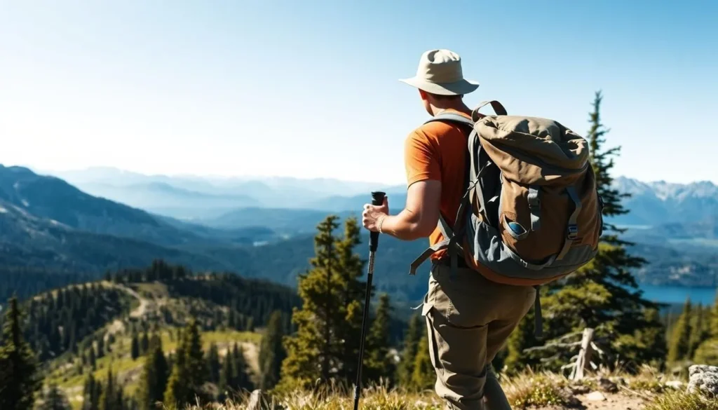 Backpacker hiking in Trinity Alps Wilderness with proper gear in Trinity County California