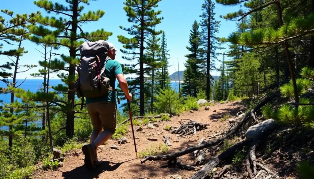 Backpacker hiking on a trail at Isle Royale National Park with a fully loaded backpack Backpacker hiking on a trail at Isle Royale National Park with a fully loaded backpack