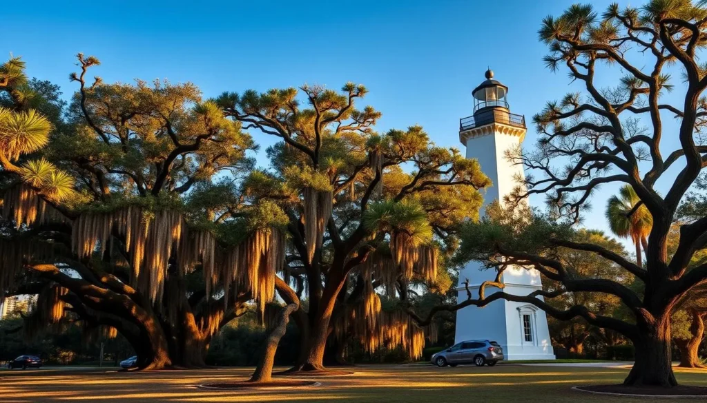 Bald Head Island lighthouse (Old Baldy) surrounded by oak trees near Wilmington North Carolina Bald Head Island lighthouse (Old Baldy) surrounded by oak trees near Wilmington North Carolina