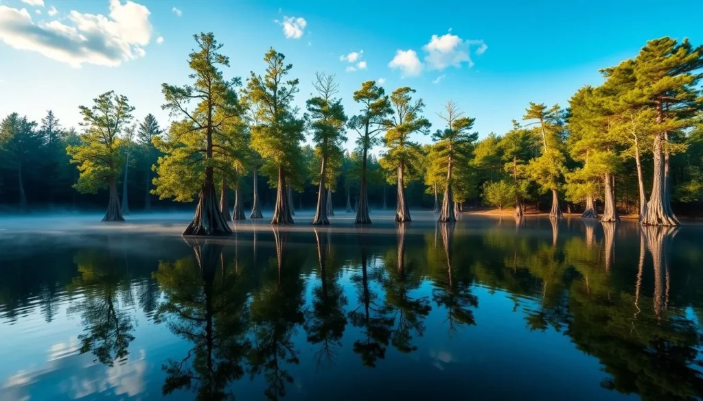 Bald cypress trees at Trap Pond State Park in Bethel, Delaware with their distinctive knees rising from the water Bald cypress trees at Trap Pond State Park in Bethel, Delaware with their distinctive knees rising from the water