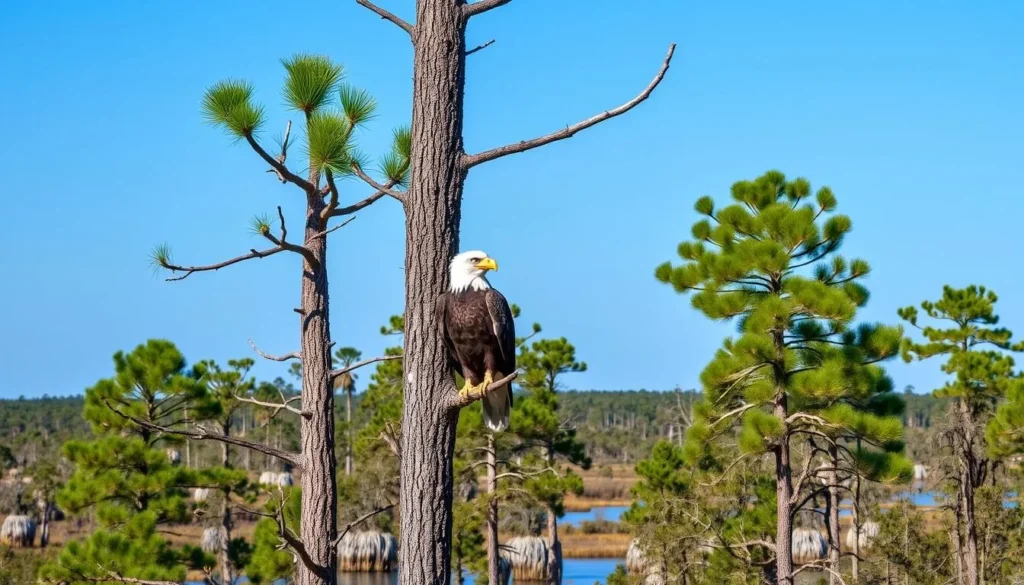 Bald eagle perched in a pine tree in Tate's Hell State Forest Bald eagle perched in a pine tree in Tate's Hell State Forest