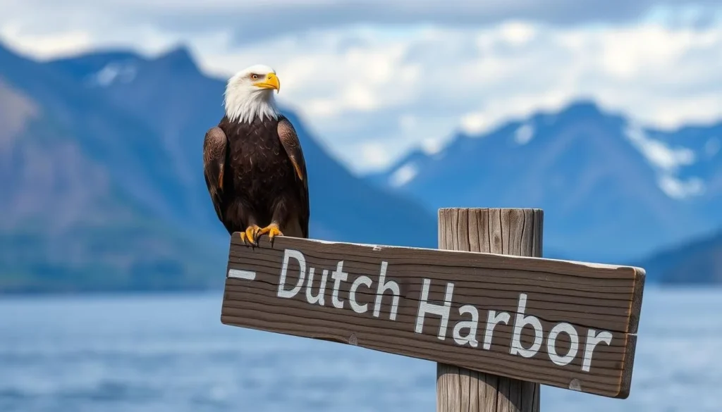Bald eagle perched on a signpost in Dutch Harbor with mountains in background