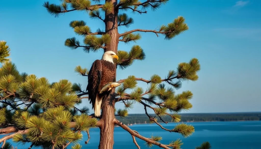 Bald eagle perched on pine tree overlooking Lake Bemidji with fish in talons Bald eagle perched on pine tree overlooking Lake Bemidji with fish in talons
