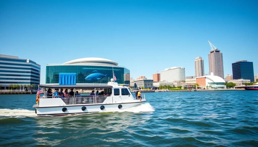 Baltimore water taxi crossing the Inner Harbor with National Aquarium visible in the background Baltimore water taxi crossing the Inner Harbor with National Aquarium visible in the background