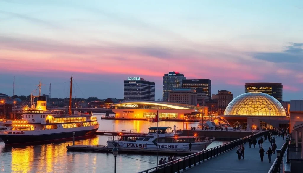 Baltimore's Inner Harbor at sunset with ships and National Aquarium illuminated Baltimore's Inner Harbor at sunset with ships and National Aquarium illuminated