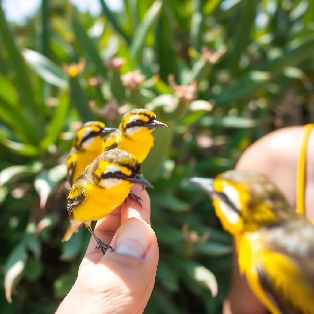 Bananaquit birds eating sugar from tourist's hand on Prickly Pear Island, Anguilla Bananaquit birds eating sugar from tourist's hand on Prickly Pear Island, Anguilla
