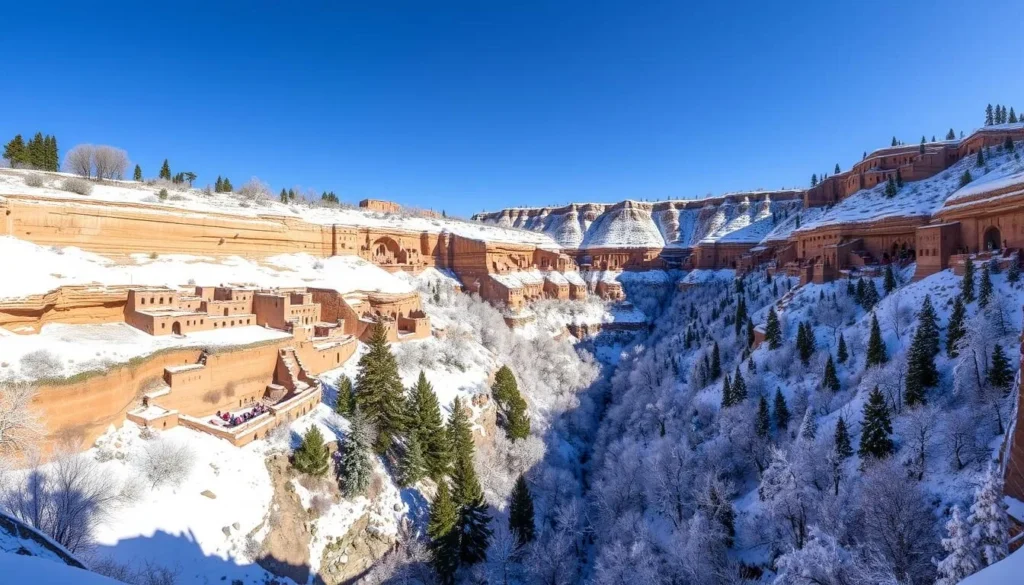 Bandelier National Monument in winter with light snow covering the ruins and canyon Bandelier National Monument in winter with light snow covering the ruins and canyon