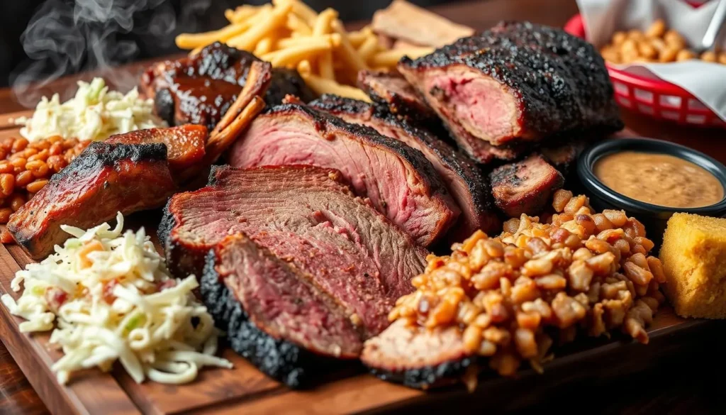 Barbecue platter with ribs, brisket, and sides at Lonnie Q's BBQ in Topeka Barbecue platter with ribs, brisket, and sides at Lonnie Q's BBQ in Topeka
