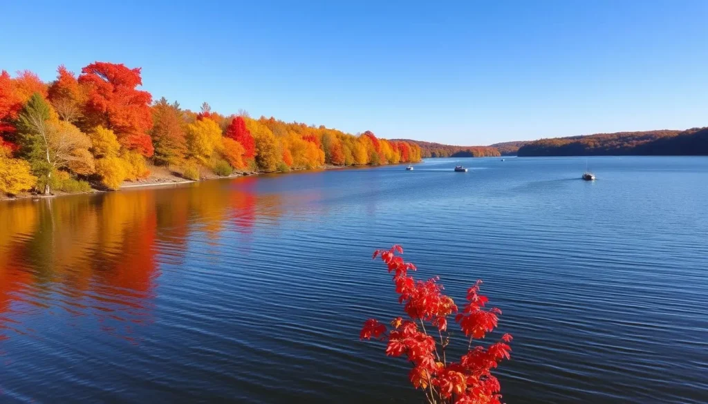 Barren River Lake in autumn with colorful fall foliage reflecting on the water surface Barren River Lake in autumn with colorful fall foliage reflecting on the water surface