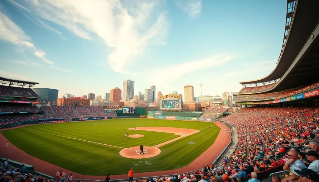 Baseball game at Oriole Park at Camden Yards with packed stands and Baltimore skyline view Baseball game at Oriole Park at Camden Yards with packed stands and Baltimore skyline view