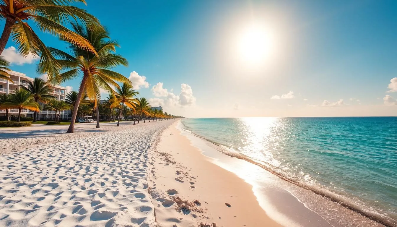 Bask in the sun-drenched splendor of Palm Beach, Florida, where azure skies and gentle breezes create a idyllic seaside paradise. Capture the tranquil ambiance with a wide-angle lens, showcasing the pristine white sand beaches dotted with swaying palm trees. In the middle ground, a serene ocean gently laps at the shoreline, its turquoise waters reflecting the warmth of the golden sun overhead. In the distance, the elegant architecture of Palm Beach's renowned resorts and hotels rises against a backdrop of lush, verdant foliage. Imbue the scene with a sense of relaxation and leisure, as if inviting the viewer to bask in the coastal charms of this weather-savvy destination.