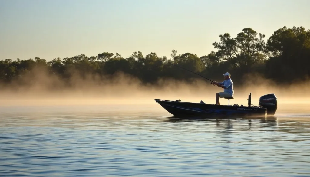 Bass fishing on Lake Harris with angler in boat against backdrop of cypress trees Bass fishing on Lake Harris with angler in boat against backdrop of cypress trees