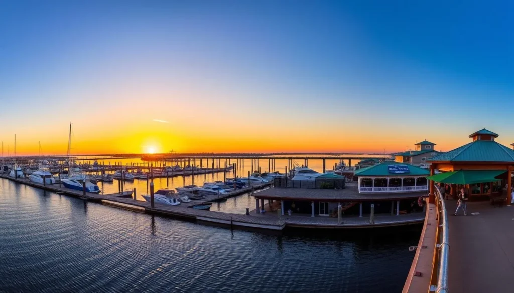 Bay St. Louis Municipal Harbor with boats, pier, and waterfront restaurants at sunset Bay St. Louis Municipal Harbor with boats, pier, and waterfront restaurants at sunset