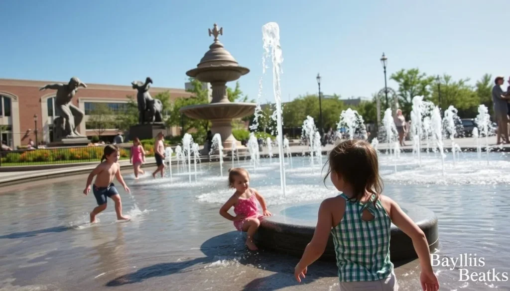 Bayliss Park fountain with children playing in the water on a sunny day Bayliss Park fountain with children playing in the water on a sunny day