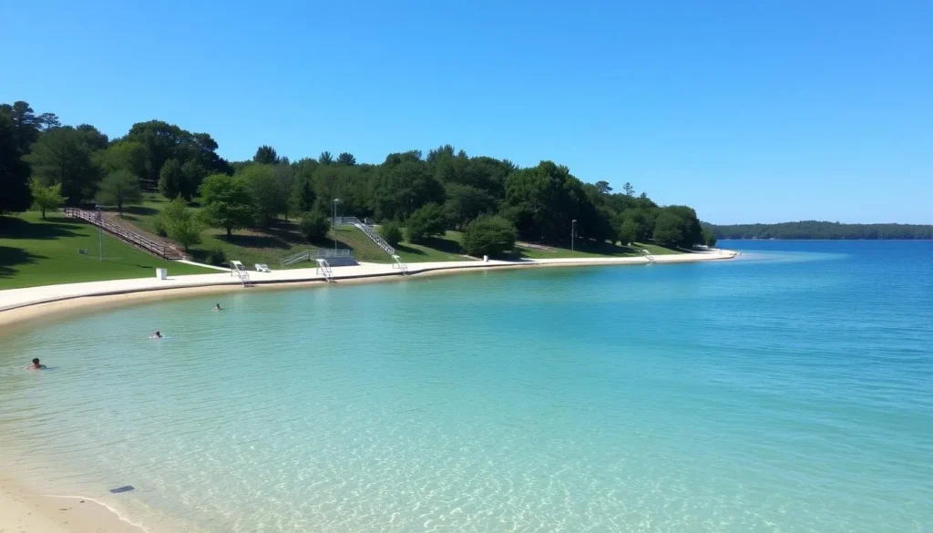 Baylor Beach Park swimming lake with a sandy bottom and diving boards