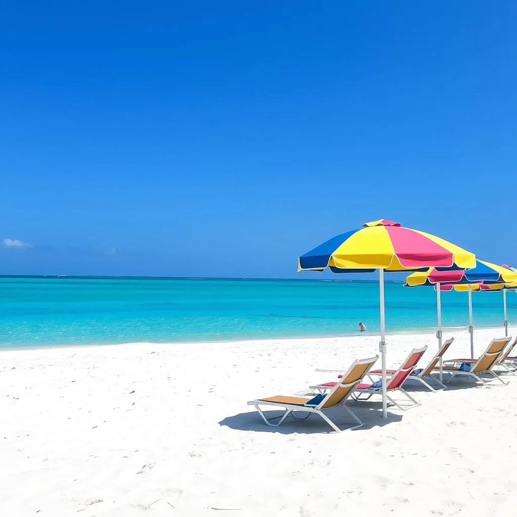 Beach chairs and umbrellas on Prickly Pear Island, Anguilla white sand beach Beach chairs and umbrellas on Prickly Pear Island, Anguilla white sand beach