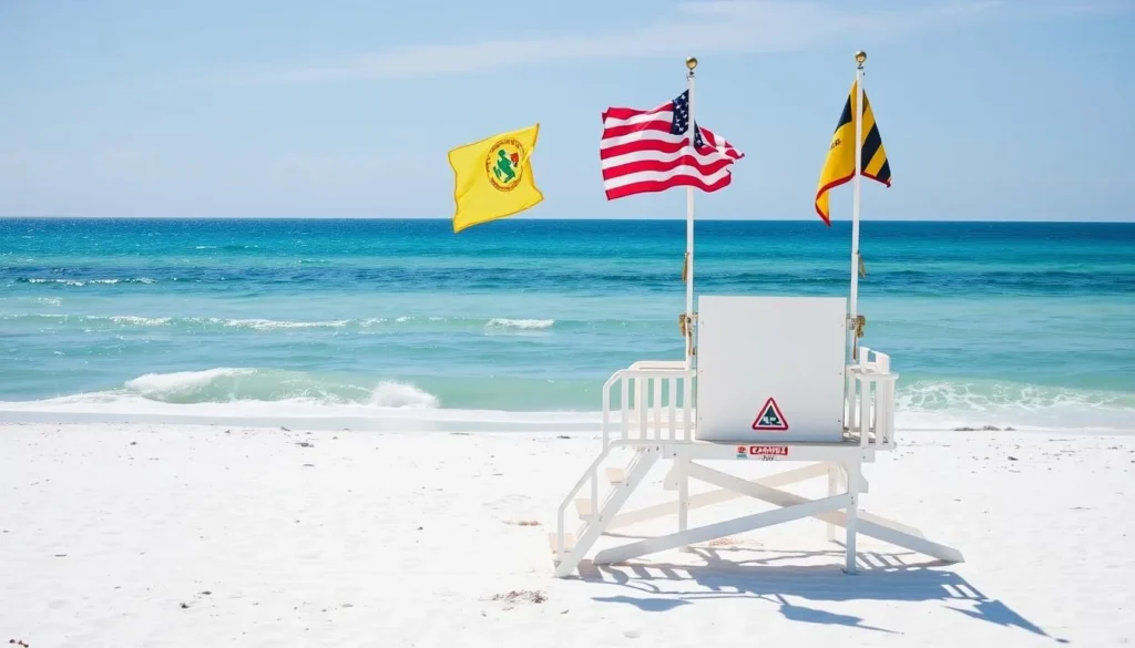 Beach safety flag system on Okaloosa County beach with lifeguard stand Beach safety flag system on Okaloosa County beach with lifeguard stand
