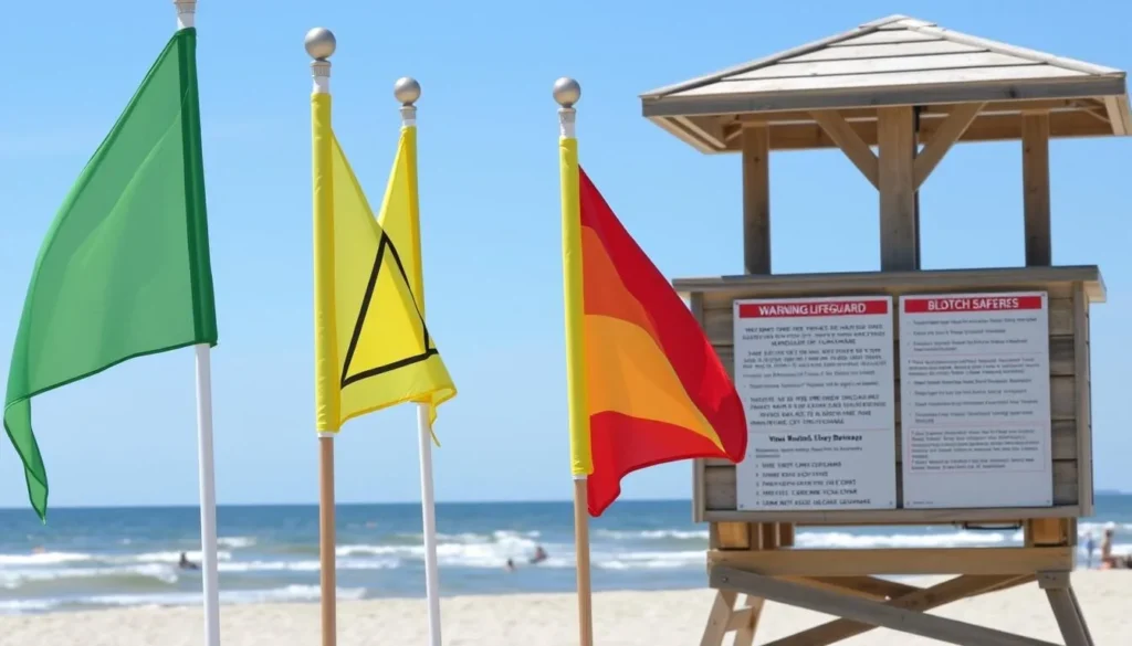 Beach safety flags and lifeguard stand in Ocean City Delaware Beach safety flags and lifeguard stand in Ocean City Delaware