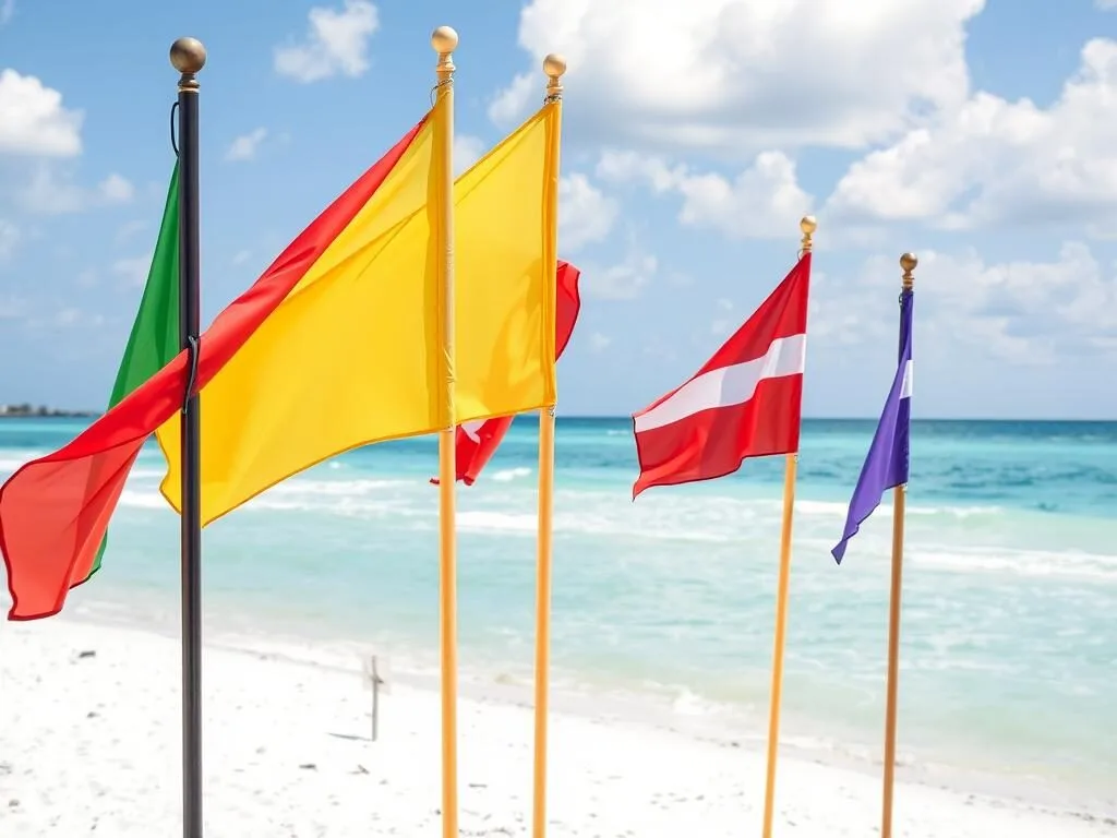 Beach safety flags at Navarre Beach in Santa Rosa County Florida Beach safety flags at Navarre Beach in Santa Rosa County Florida