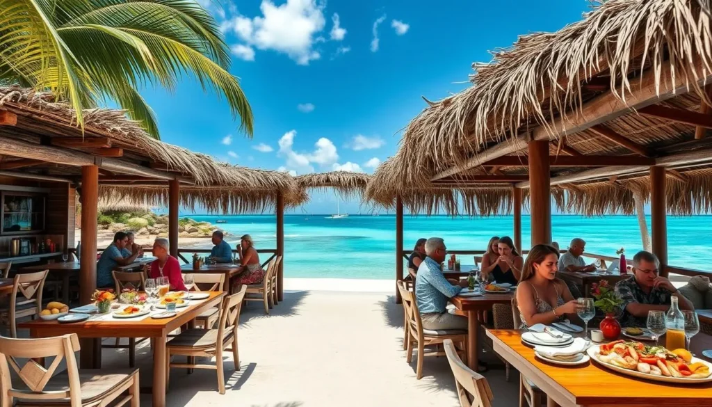 Beachfront dining at Tropical Sunset Restaurant on Shoal Bay with ocean views Beachfront dining at Tropical Sunset Restaurant on Shoal Bay with ocean views