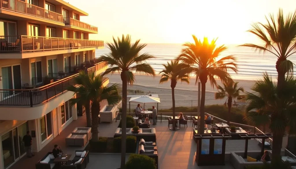Beachfront hotel with ocean view balconies in Santa Cruz County at sunset Beachfront hotel with ocean view balconies in Santa Cruz County at sunset