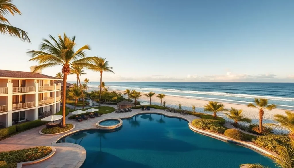 Beachfront resort on Hutchinson Island with palm trees and swimming pool Beachfront resort on Hutchinson Island with palm trees and swimming pool