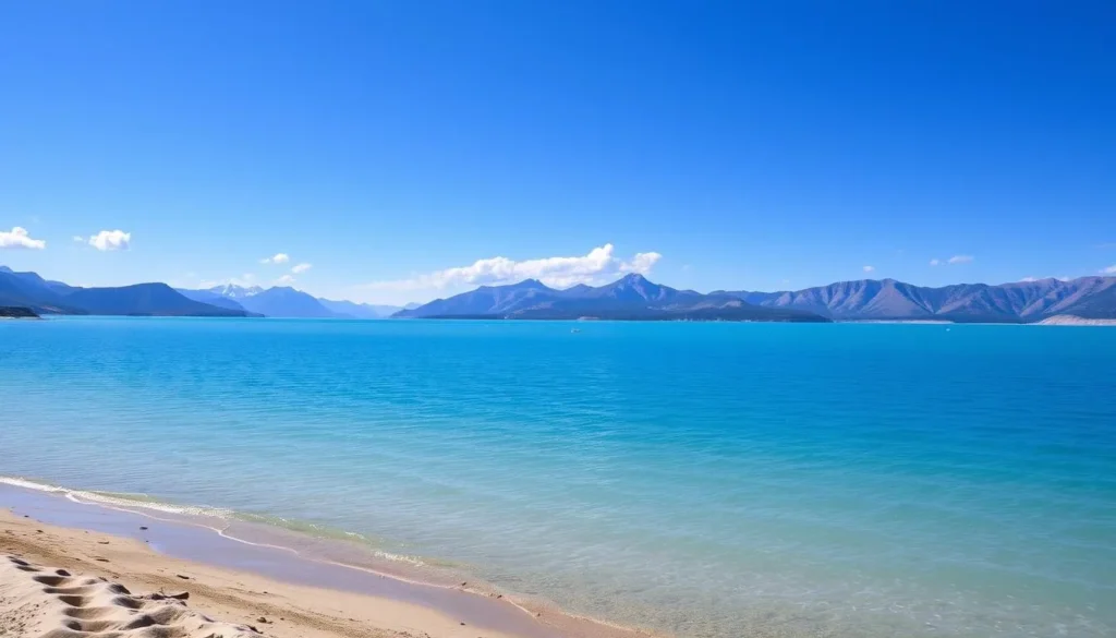 Bear Lake's turquoise waters with beach and mountains, popular day trip from Logan, Utah things to do Bear Lake's turquoise waters with beach and mountains, popular day trip from Logan, Utah things to do