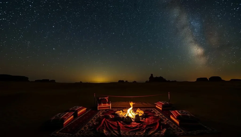 Bedouin-style camping setup in Brouq Nature Reserve under a starry night sky Bedouin-style camping setup in Brouq Nature Reserve under a starry night sky